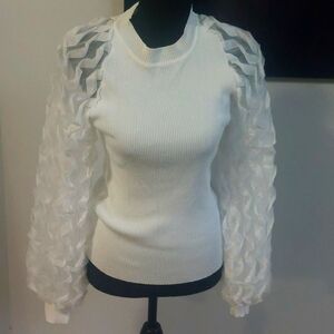 White Sweater with Sheer Ruffled Sleeves Size M